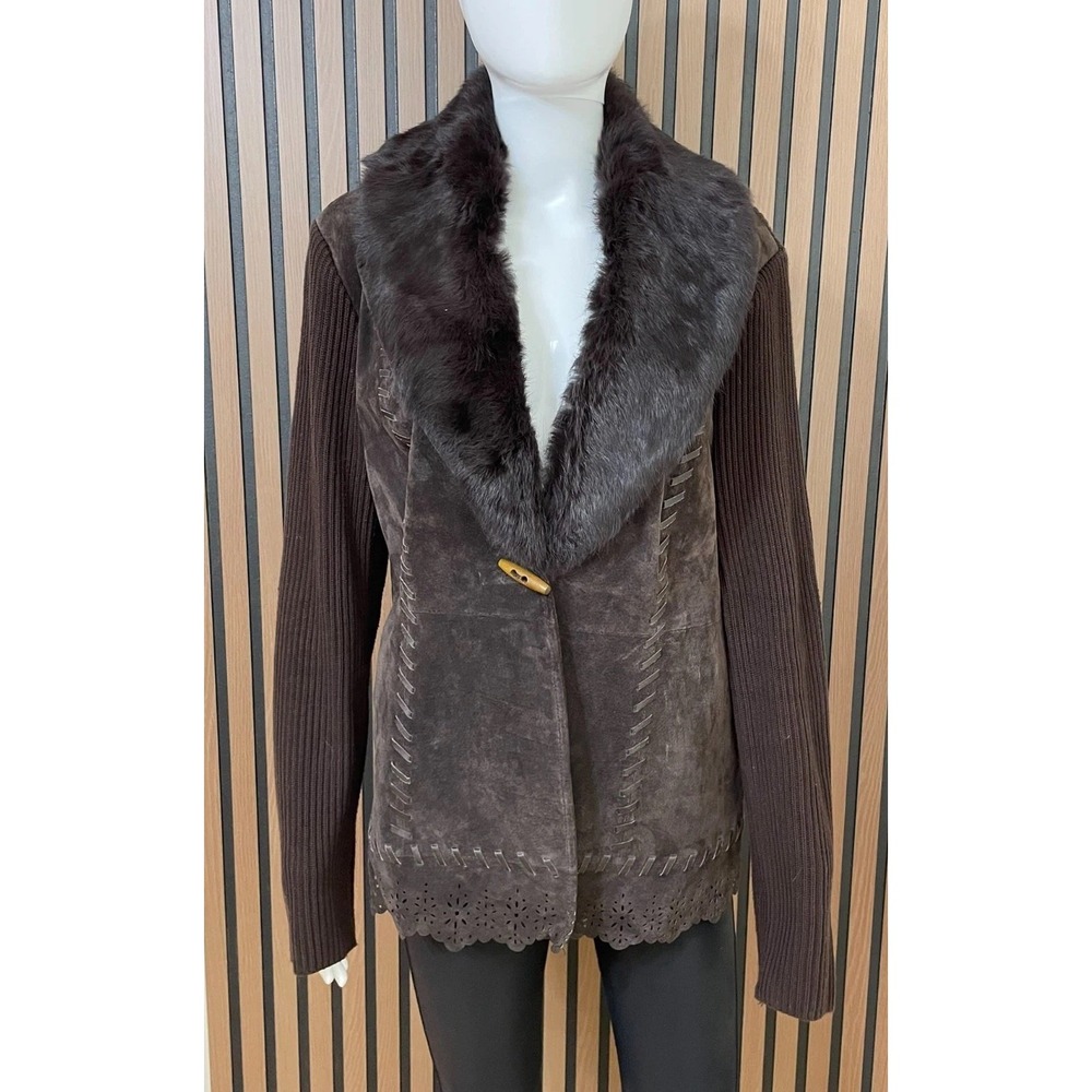 Nygard Women's L Brown‎ Basic Suede Leather Jacket Faux Fur Boho 90s  Knitted
